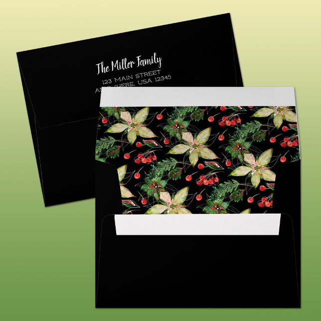 Poinsettias and Berries on Black Envelope (Custom envelope with printed lining and FREE return address is perfect finishing touch to any mail.)