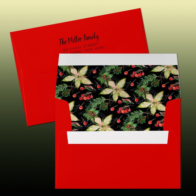 Poinsettias and Berries Red Envelope (Custom envelope with printed lining and FREE return address is perfect finishing touch to any mail.)