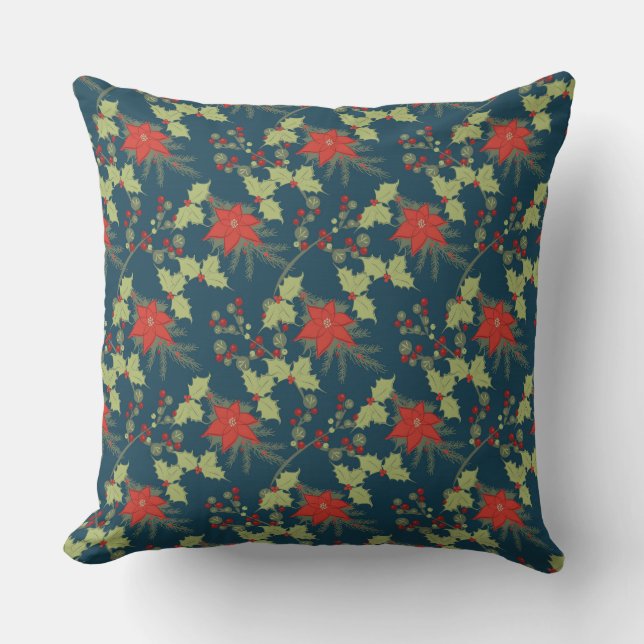 Poinsettias and Holly Christmas Pattern Cushion (Front)