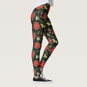 Poinsettias and Holly Leaves Berries Birds Leggings