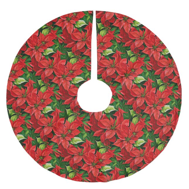 Poinsettias and Holly Leaves Brushed Polyester Tree Skirt (Front)