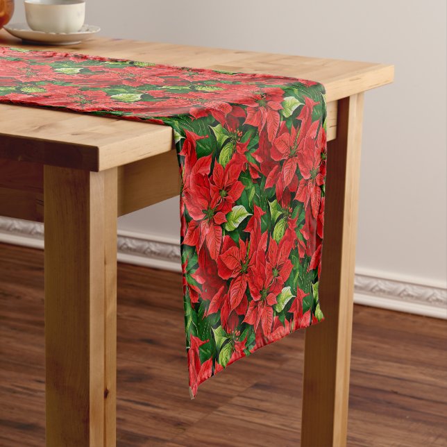 Poinsettias and Holly Leaves Short Table Runner (In Situ)