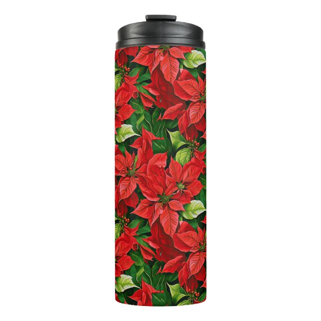 Poinsettias and Holly Leaves Thermal Tumbler (Front)