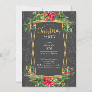 Poinsettias and Holly Red Grey Christmas Invitation