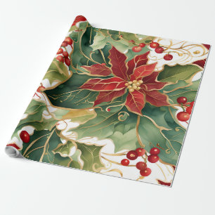 poinsettias and holly wrapping paper