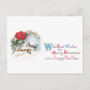 Poinsettias and House in Snow Vintage Christmas Holiday Postcard
