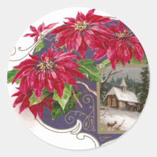 Poinsettias and Moonlit Night Vintage Christmas Classic Round Sticker