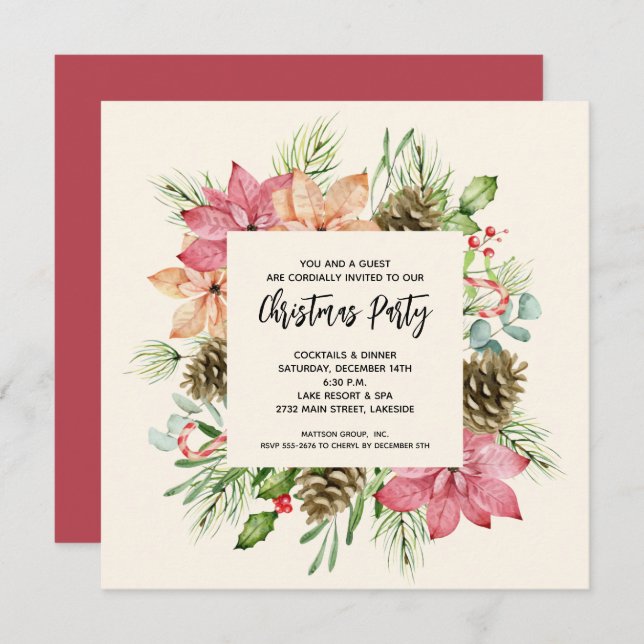 Poinsettias and Pine Christmas Party Invitations (Front/Back)