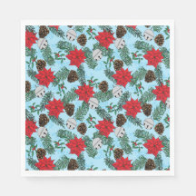 Poinsettias and Silver Bells in Blue Paper Napkins