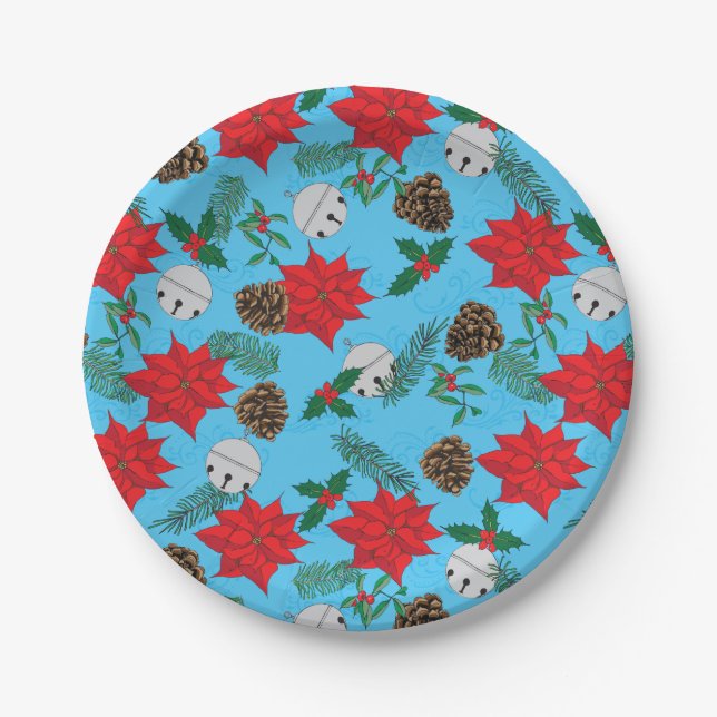 Poinsettias and Silver Bells in Blue Paper Plates (Front)