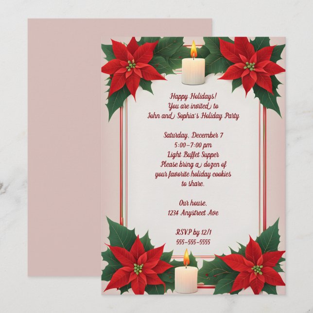 Poinsettias and Two Candles Christmas Party Invitation (Front/Back)