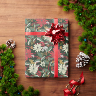 Poinsettias Birds and Ribbons-dark green Wrapping Paper