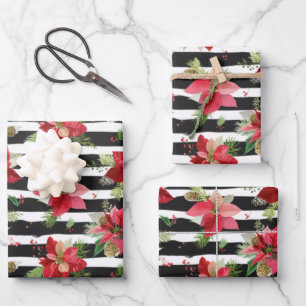 Poinsettias, Black Striped Christmas Wrapping Paper Sheet