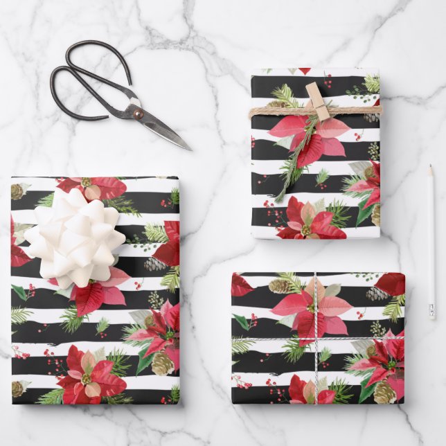 Poinsettias, Black Striped Christmas Wrapping Paper Sheet (Front)
