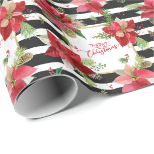 Poinsettias, Black Striped Wrapping Paper