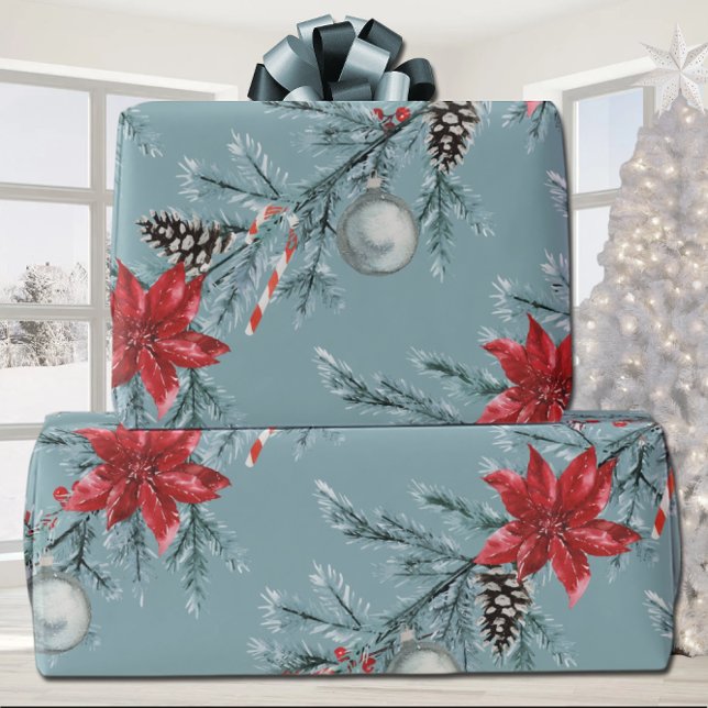 Poinsettias Christmas Blue Spruce Garland Blue Wrapping Paper (Creator Uploaded)
