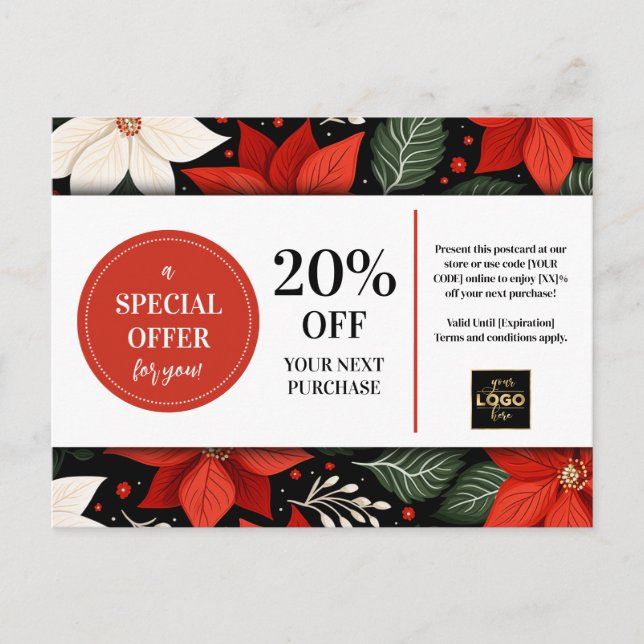 Poinsettias Christmas Custom Coupon Discount  Postcard (Front)