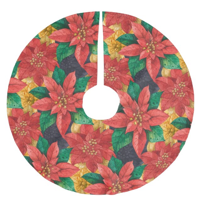 Poinsettias Christmas Floral Brushed Polyester Tree Skirt (Front)
