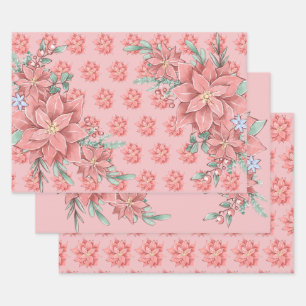 Poinsettias Christmas Flower in Pink  Wrapping Paper Sheet