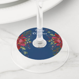 Poinsettias Christmas Party Navy Blue Name Wine Glass Tag