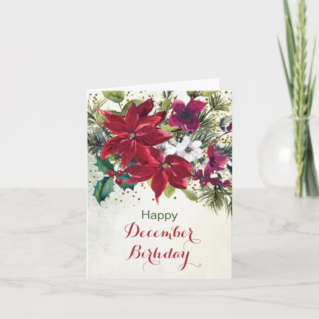 Poinsettias, December Christmas Birthday Holiday Card (Front)