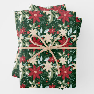 Poinsettias Floral Christmas Holiday Wrapping Paper Sheet