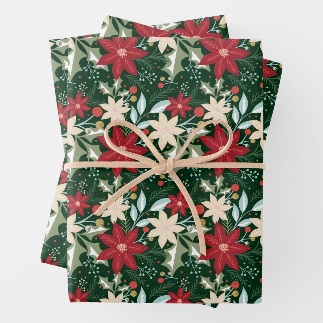 Poinsettias Floral Christmas Holiday Wrapping Paper Sheet (In situ)