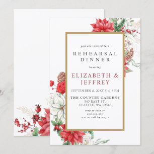 Poinsettias Gold Holly Christmas Rehearsal Dinner  Invitation