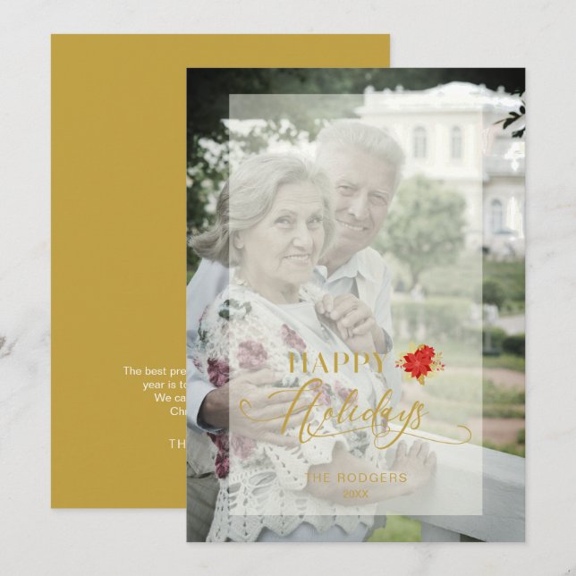 Poinsettias Happy Holidays Photo Family Gold Card (Front/Back)