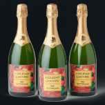 Poinsettias Holiday Christmas Floral Sparkling Wine Label<br><div class="desc">Red and gold poinsettias and leaves, your greeting and personalisation in chic lettering, these sparkling wine bottle labels are perfect to put on your bottles to serve at your Christmas dinner party or to give as gifts. Change the fonts, font colours, block frame colours, too. All liquor bottle labels are...</div>