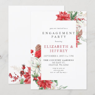 Poinsettias Holly Christmas Engagement Party Invitation