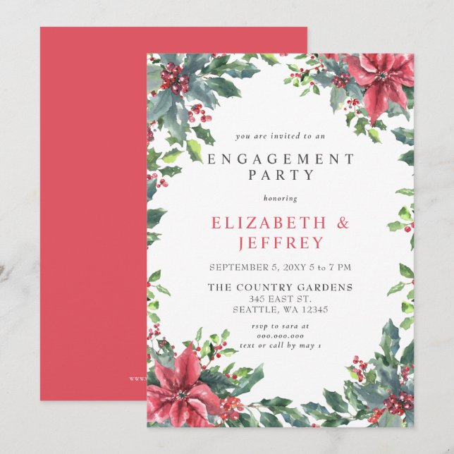 Poinsettias Holly Christmas Engagement Party  Invitation (Front/Back)