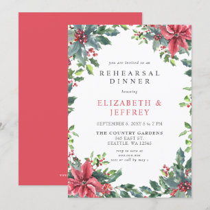 Poinsettias Holly Christmas Rehearsal Dinner  Invitation
