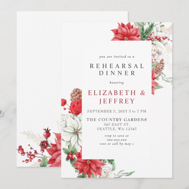 Poinsettias Holly Christmas Rehearsal Dinner Invitation (Front/Back)