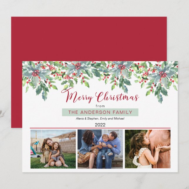 Poinsettias Holly Greenery Merry Christmas 3 Photo Holiday Card (Front/Back)
