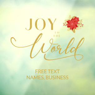 Poinsettias Holly Joy to the World Christmas Quote Window Cling