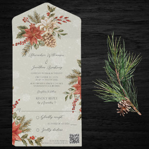 Poinsettias Holly & Pine on Sage Snow QR Code  All In One Invitation