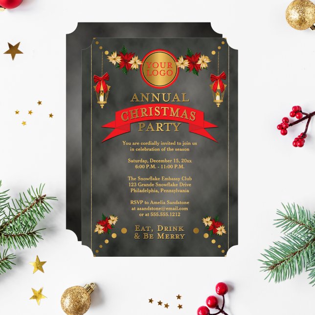 Poinsettias | Lanterns Corporate Christmas Party I Invitation (Poinsettias Lanterns Corporate Christmas Party Invitation)