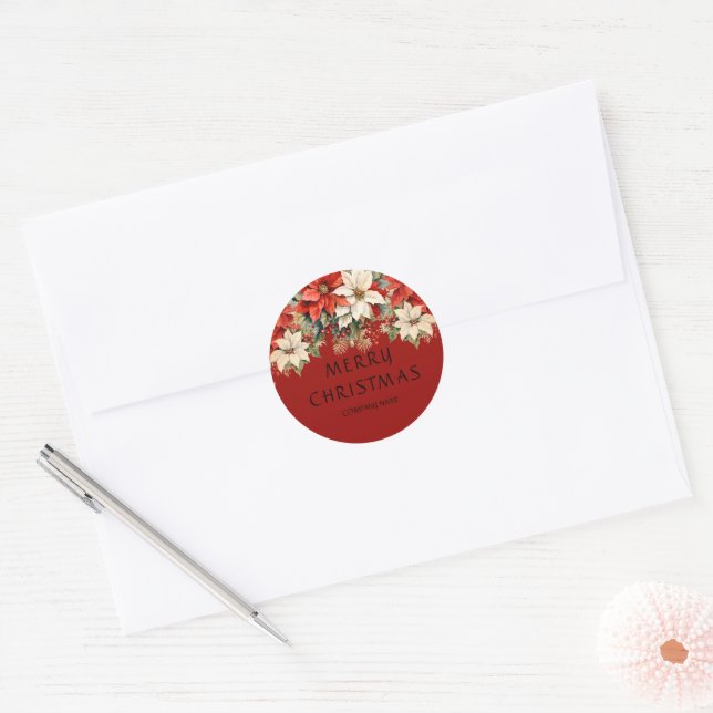 Poinsettias Merry Christmas  Classic Round Sticker (Envelope)