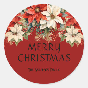 Poinsettias Merry Christmas Classic Round Sticker