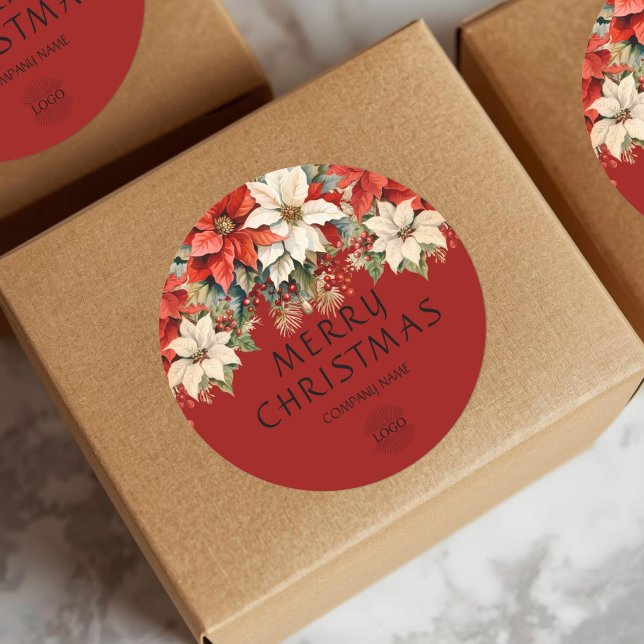 Poinsettias Merry Christmas Corporate Logo  Classic Round Sticker (Poinsettias Merry Christmas Corporate Logo Classic Round Sticker)