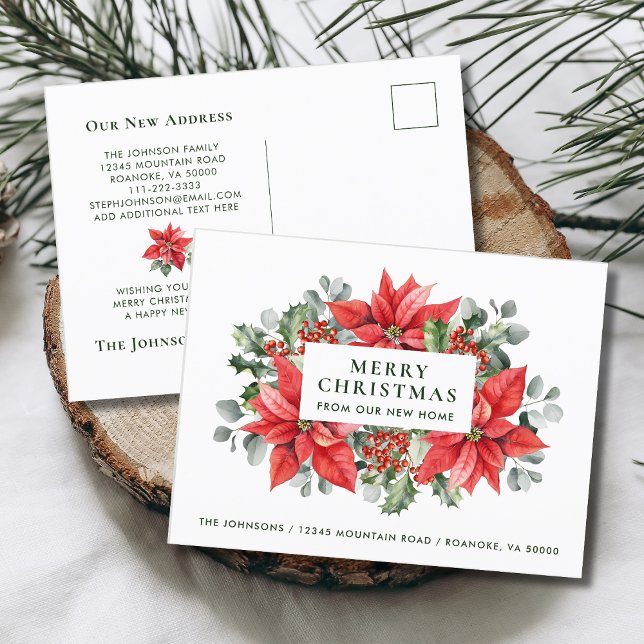 Poinsettias Merry Christmas from New Home   Announcement Postcard (Red Poinsettias Merry Christmas from Our New Home Holiday Moving Announcement Postcard)