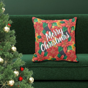 Poinsettias Merry Christmas Holiday Cushion
