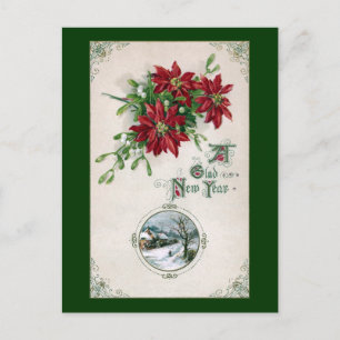 Poinsettias, Mistletoe & Vignette Vintage New Year Holiday Postcard