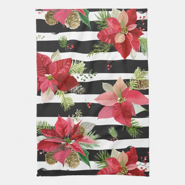 Poinsettias on Black, White Stripes Kitchen Towel (Vertical)