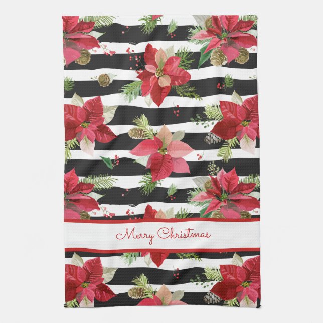 Poinsettias on Black, White Stripes Kitchen Towel (Vertical)
