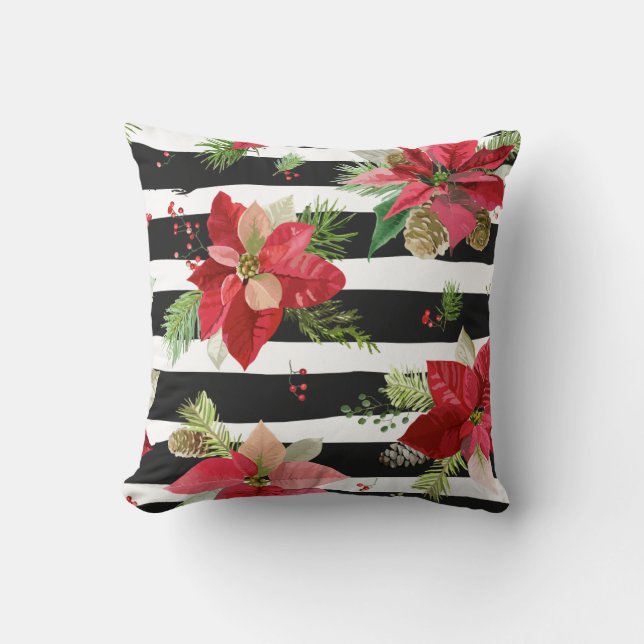 Poinsettias on Black, White Stripes Pillow (Front)