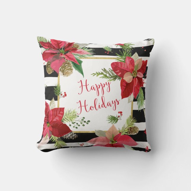 Poinsettias on Black, White Stripes Pillow 2 (Front)