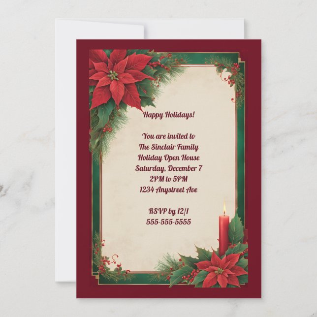 Poinsettias on Green and Red Christmas Party Invitation (Front)