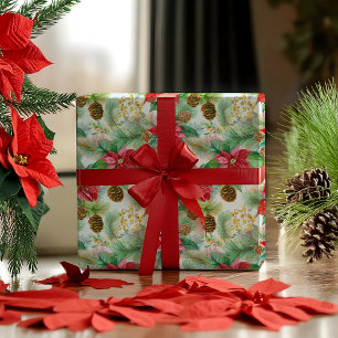 Poinsettias Pine And Pinecones Christmas Holiday Wrapping Paper